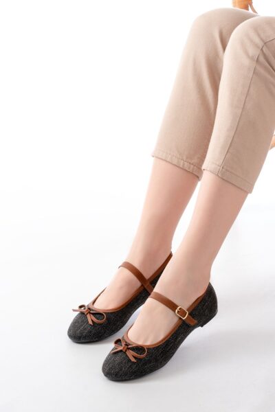 6321 Siyah Keten Günlük Baret Tokalı Bayan Babet