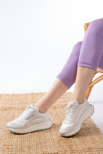 F-307 Beyaz Bağcıklı Saten Taş Aksesuarlı Günlük Spor Ayakkabı