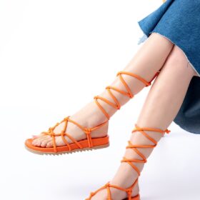 1001-1001 Orange Bilekten Bağcıklı Kadın Sandalet