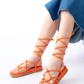 1001-1001 Orange Bilekten Bağcıklı Kadın Sandalet