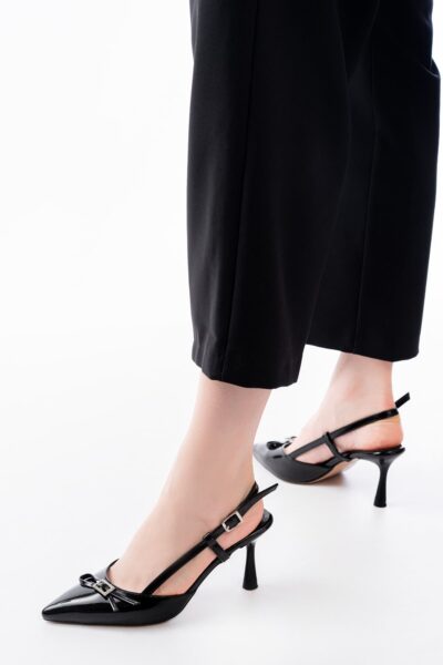 İNF-2300 Siyah Rugan Günlük Arkası Açık Fiyonklu Topuklu Bayan Ayakkabı