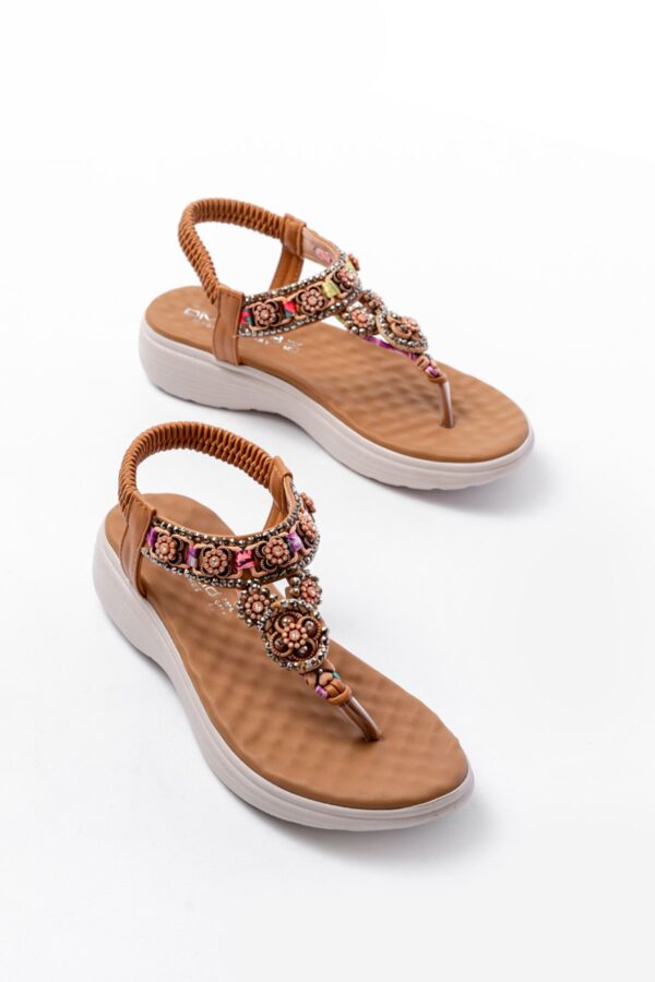 DM-609 Taba Taşlı Arka Lastikli Parmak Arası Kadın Sandalet - Görsel 5