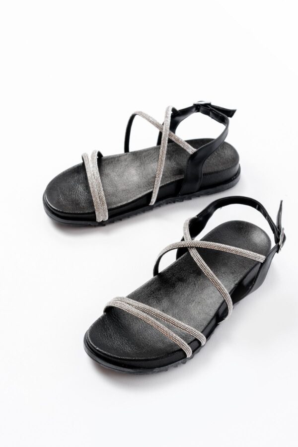 1001-1105 Siyah Gümüş Taşlı Günlük Kadın Sandalet - Görsel 3