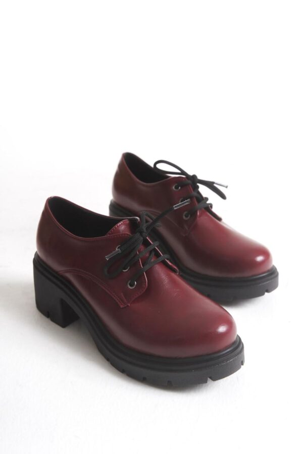 K-707 Bordo Kırışık Rugan Yüksek Tabanlı Bağcıklı  Loafer Ayakkabı - Görsel 2