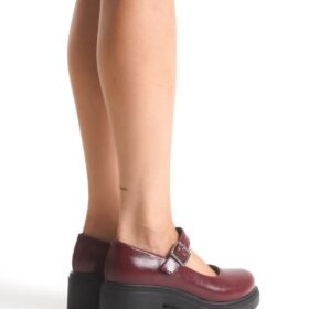 K-708 Bordo Kırışık Rugan Tokalı Yüksek Tabanlı Loafer Ayakkabı