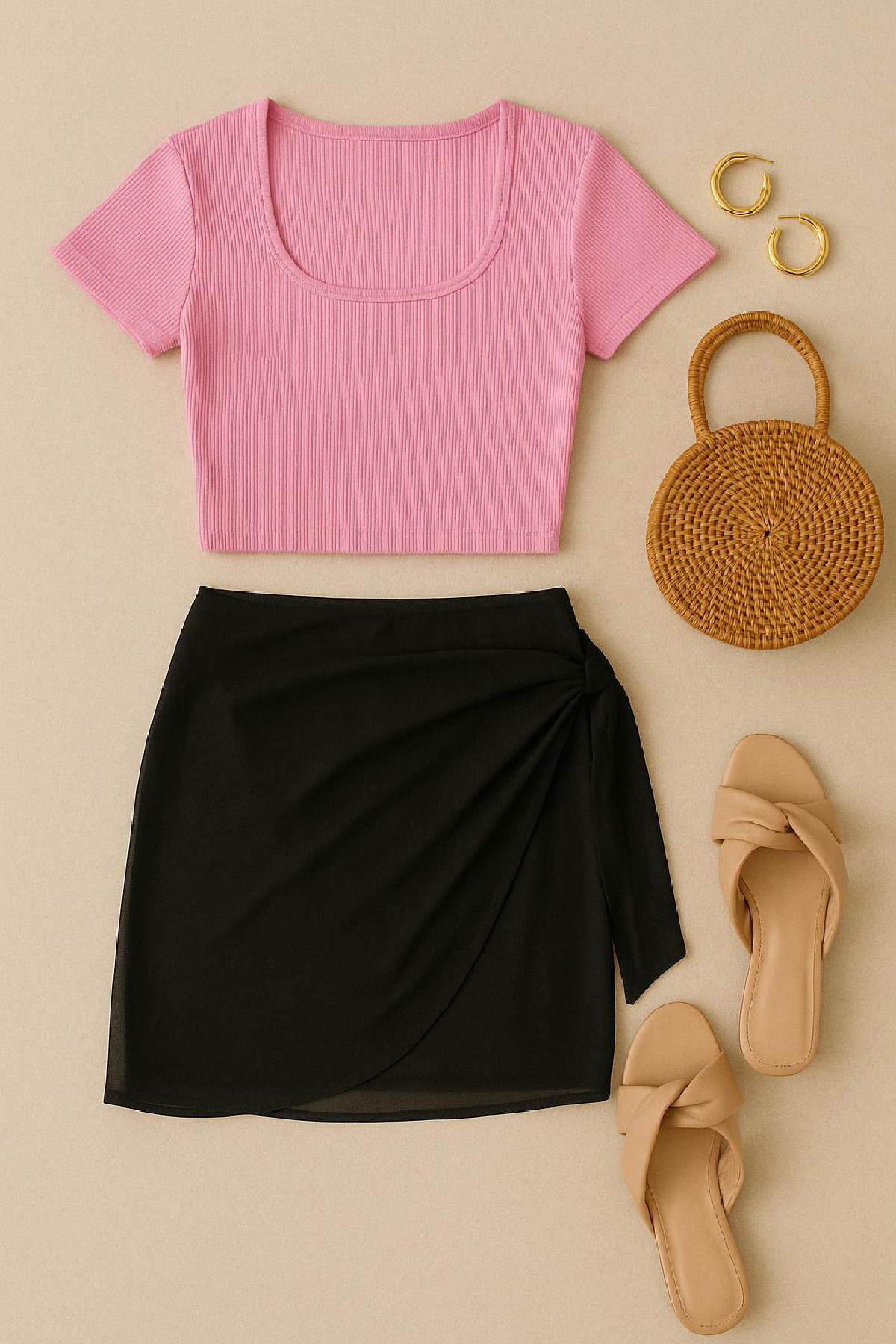 Kadın Pembe Yarım Kol Crop ve Siyah Pareo 2'li Set – Modern ve Şık Tasarım - Görsel 3