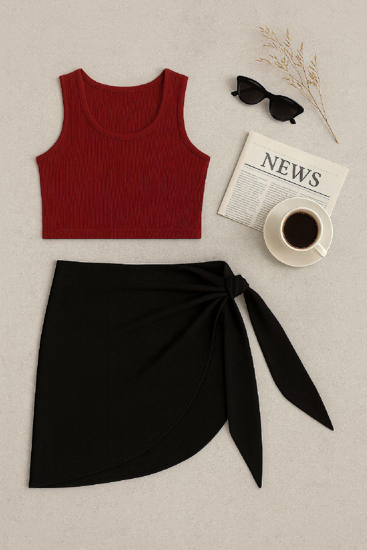 Kadın Bordo Yuvarlak Yaka Crop ve Siyah Pareo 2'li Set – Modern ve Şık Tasarım - Görsel 5