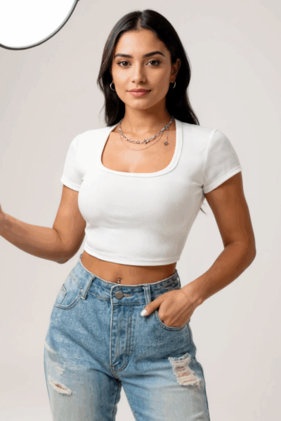 Kadın Beyaz Yarım Kol Düz Yaka Crop Top Bluz – Şık, Rahat ve Kolay Kombinlenebilir