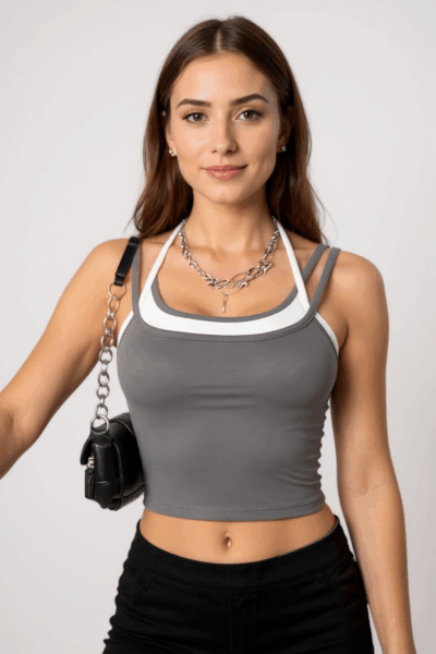 Kadın Antrasit Gri Beyaz Çift Renk Çapraz Askılı Crop Top Bluz – Şık, Rahat ve Kolay Kombinlenebilir