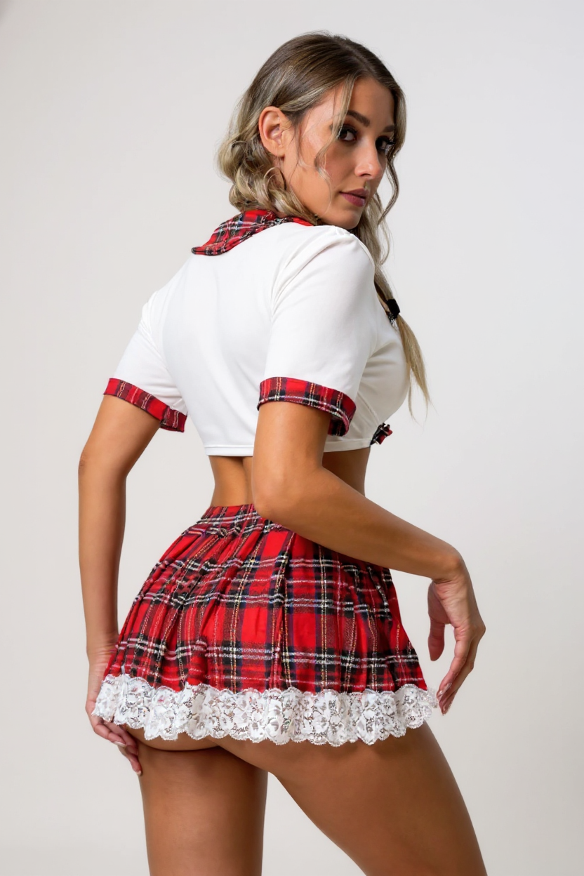 Kadın Beyaz Dantelli Ekoseli Etek ve Büstiyerli Tanga Külotlu Liseli Kostümü – Modern ve Şık Tasarım - Görsel 5