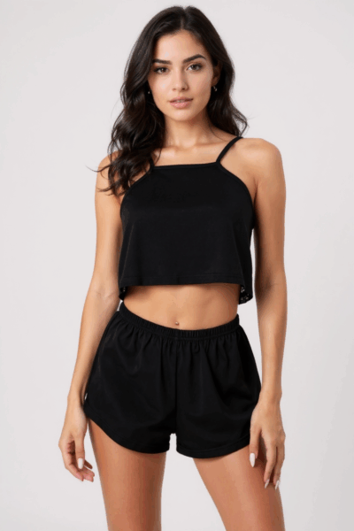 Kadın Siyah Arkası Komple Dantel Şortlu Gecelik Takım