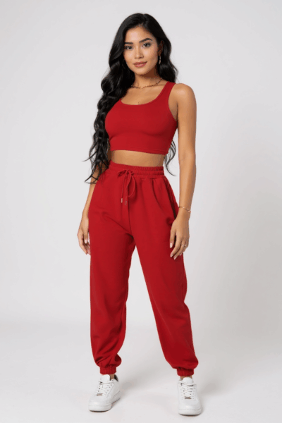 Kadın Kırmızı Kaşkorse Cepli Jogger Eşofman Altı ve Crop Top Bluz – Şık, Rahat ve Kolay Kombinlenebilir