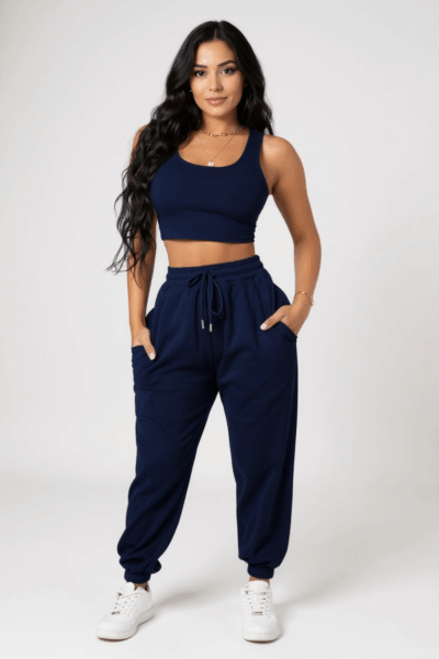 Kadın Lacivert Kaşkorse Cepli Jogger Eşofman Altı ve Crop Top Bluz – Şık, Rahat ve Kolay Kombinlenebilir