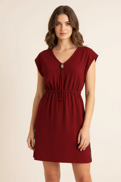 Kadın Bordo Yanları Yırtmaçlı Tokalı V Yaka Mini Plaj Elbisesi