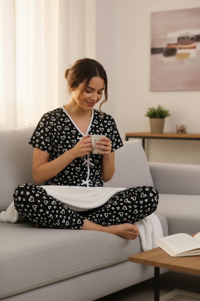 Kadın Siyah Beyaz Kalp Desenli Fiyonklu Kısa Kollu Pijama Takımı – Rahat, Şık ve 4 Mevsim Kullanım - Görsel 7