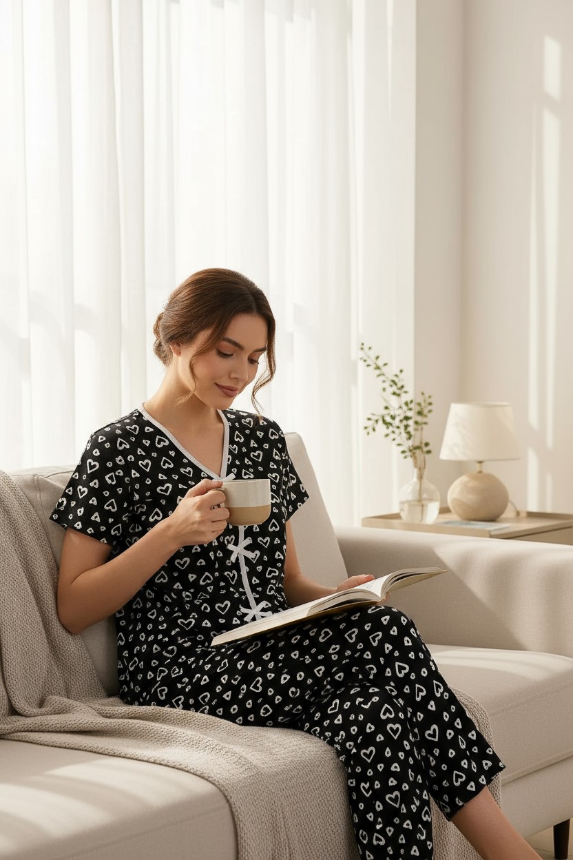 Kadın Siyah Beyaz Kalp Desenli Fiyonklu Kısa Kollu Pijama Takımı – Rahat, Şık ve 4 Mevsim Kullanım - Görsel 4
