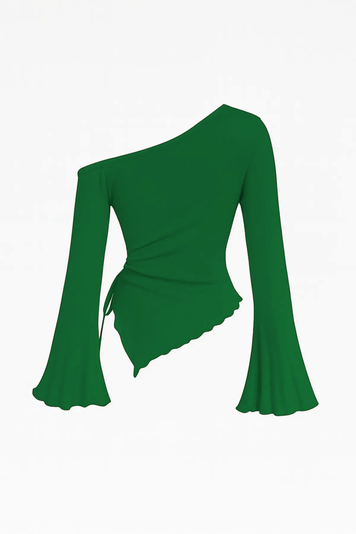 Kadın Yeşil Uzun İspanyol Kollu Asimetirik Yaka Yandan Bağlamalı Drapeli Bluz - Görsel 4