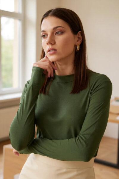 Kadın Haki Yeşili Parmak Detaylı Esnek Uzun Kollu Body