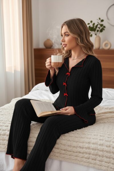 Kadın Siyah Kırmızı Biyeli ve Fiyonklu Uzun Kollu Mevsimlik Pijama Takımı