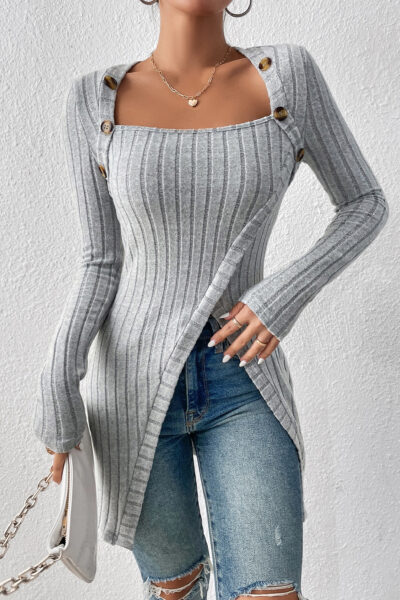 Kadın Gri Düğme Detaylı Kare Yaka Fitilli Asimetrik Etekli Uzun Kollu Bluz