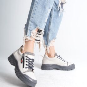 AGATHA Bağcıklı Fermuarlı Ortopedik Taban Kadın Sneaker Spor Ayakkabı CGT - Krem