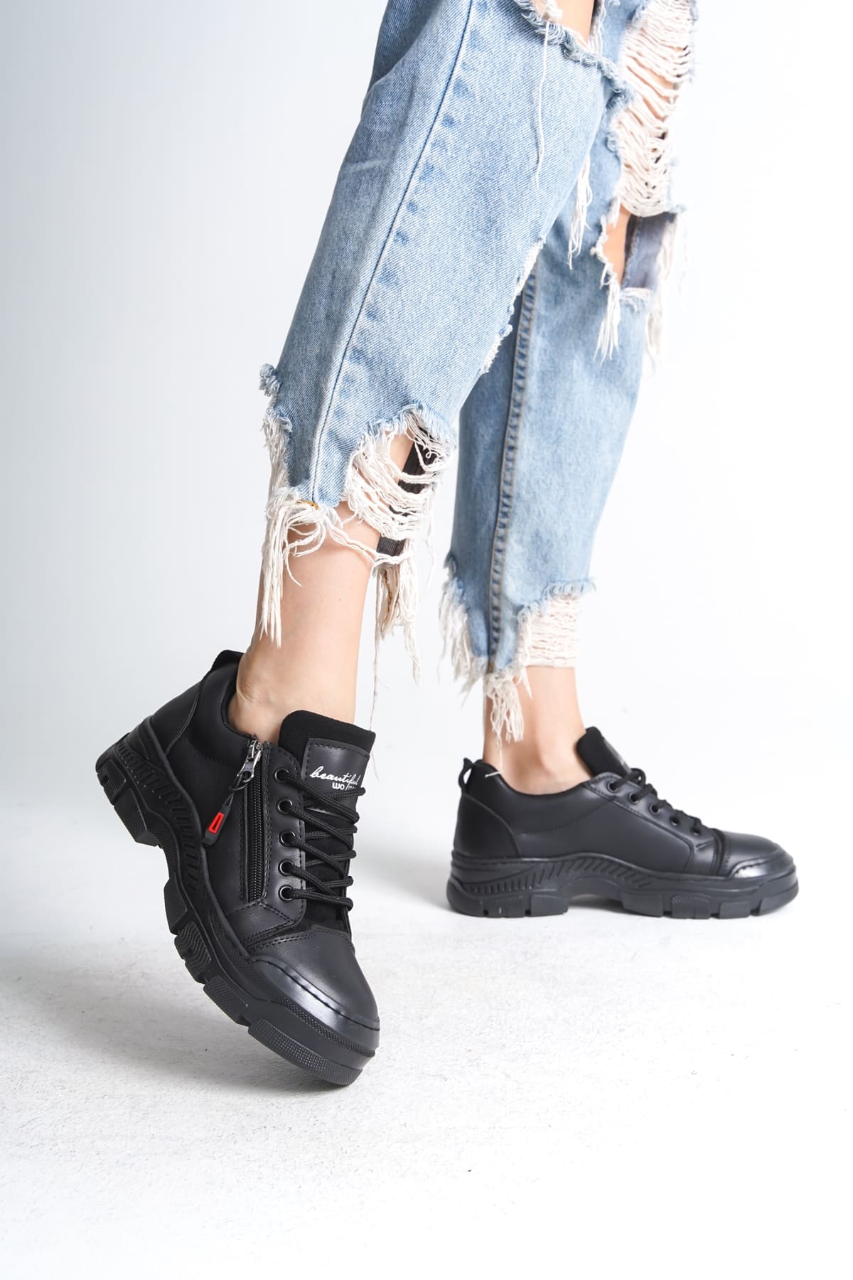 AGATHA Bağcıklı Fermuarlı Ortopedik Taban Kadın Sneaker Spor Ayakkabı CST - Siyah - Görsel 2
