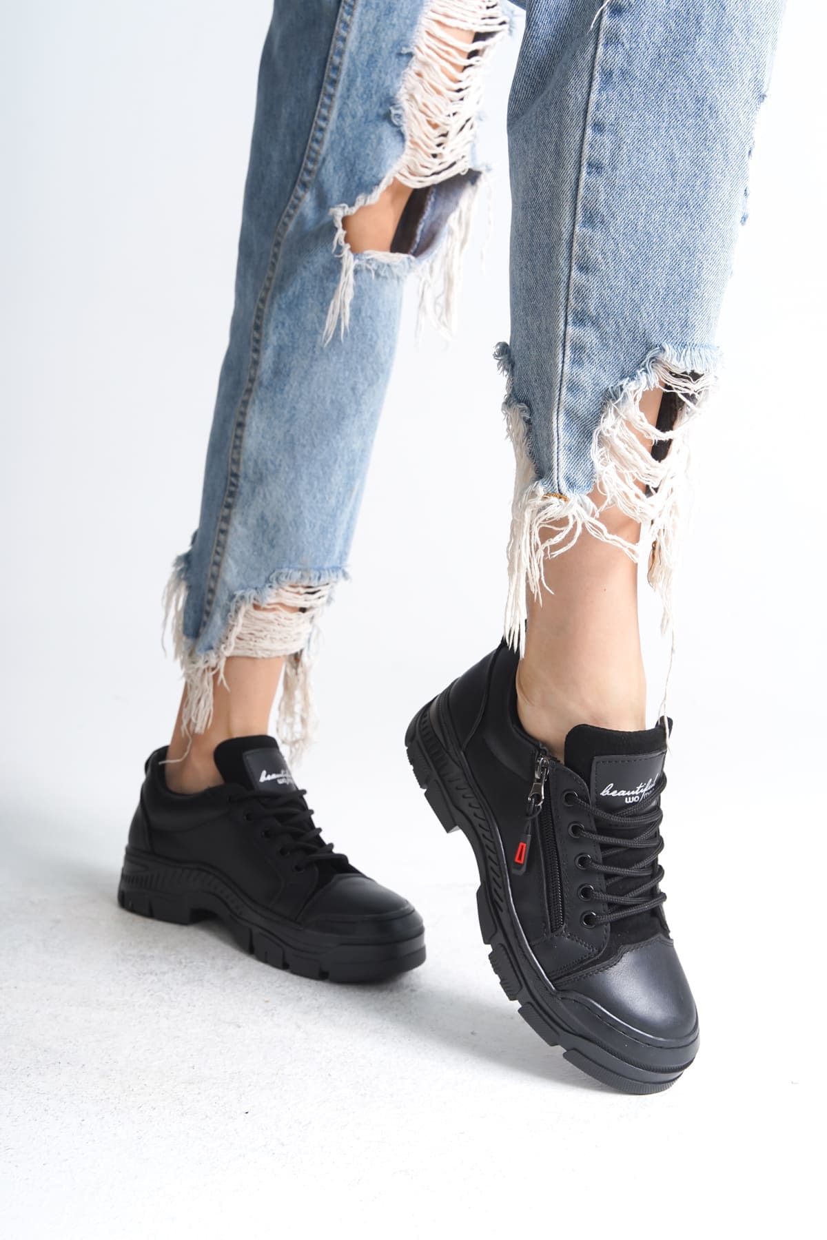 AGATHA Bağcıklı Fermuarlı Ortopedik Taban Kadın Sneaker Spor Ayakkabı CST - Siyah - Görsel 3