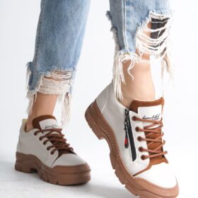 AGATHA Bağcıklı Fermuarlı Ortopedik Taban Kadın Sneaker Spor Ayakkabı  CTT - Krem