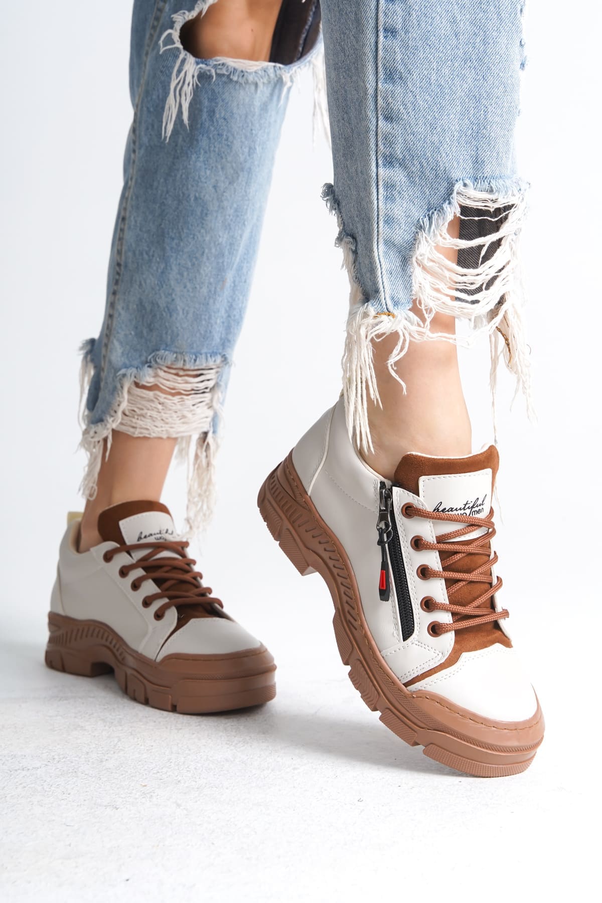 AGATHA Bağcıklı Fermuarlı Ortopedik Taban Kadın Sneaker Spor Ayakkabı  CTT - Krem - Görsel 2