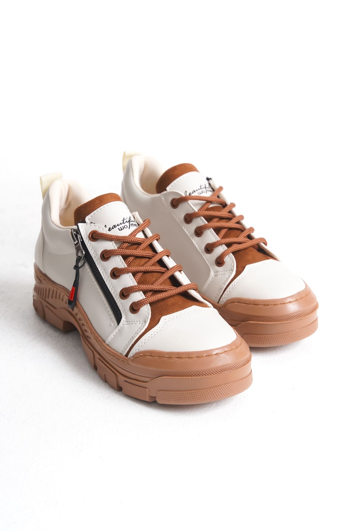AGATHA Bağcıklı Fermuarlı Ortopedik Taban Kadın Sneaker Spor Ayakkabı  CTT - Krem - Görsel 5