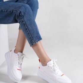 ALESSI Bağcıklı Ortopedik Taban Kadın Sneaker Spor Ayakkabı CBT - Beyaz/Turuncu