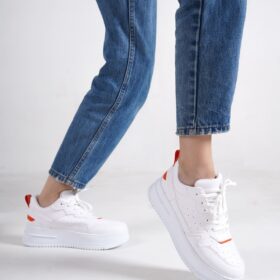 ALESSI Bağcıklı Ortopedik Taban Kadın Sneaker Spor Ayakkabı CBT - Beyaz/Turuncu