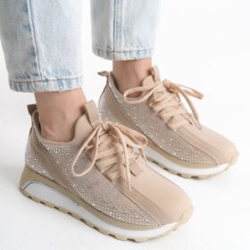 ALYA Bağcıklı Ortopedik Taban Taşlı Kadın Sneaker Spor Ayakkabı CBT - Krem