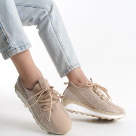 ALYA Bağcıklı Ortopedik Taban Taşlı Kadın Sneaker Spor Ayakkabı CBT - Krem