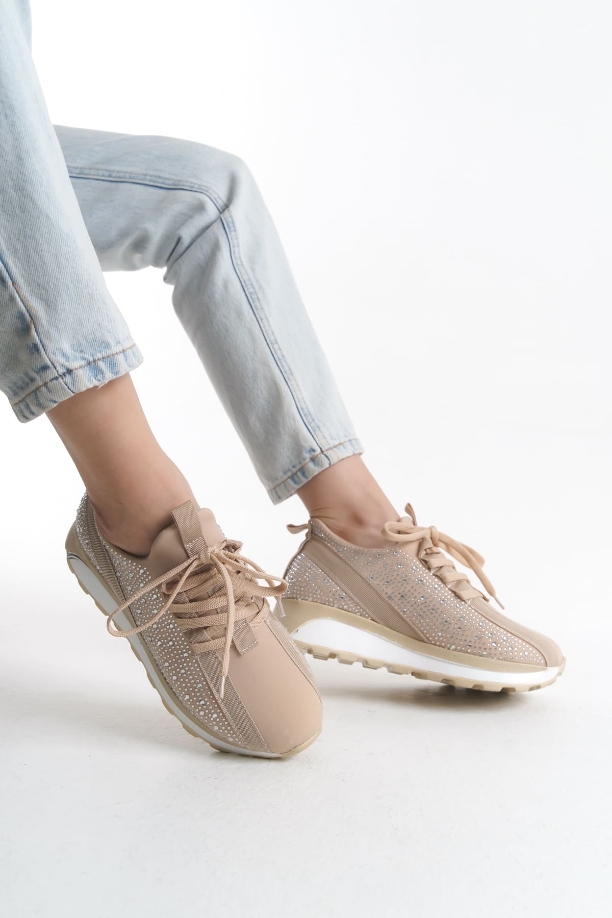 ALYA Bağcıklı Ortopedik Taban Taşlı Kadın Sneaker Spor Ayakkabı CBT - Krem - Görsel 2