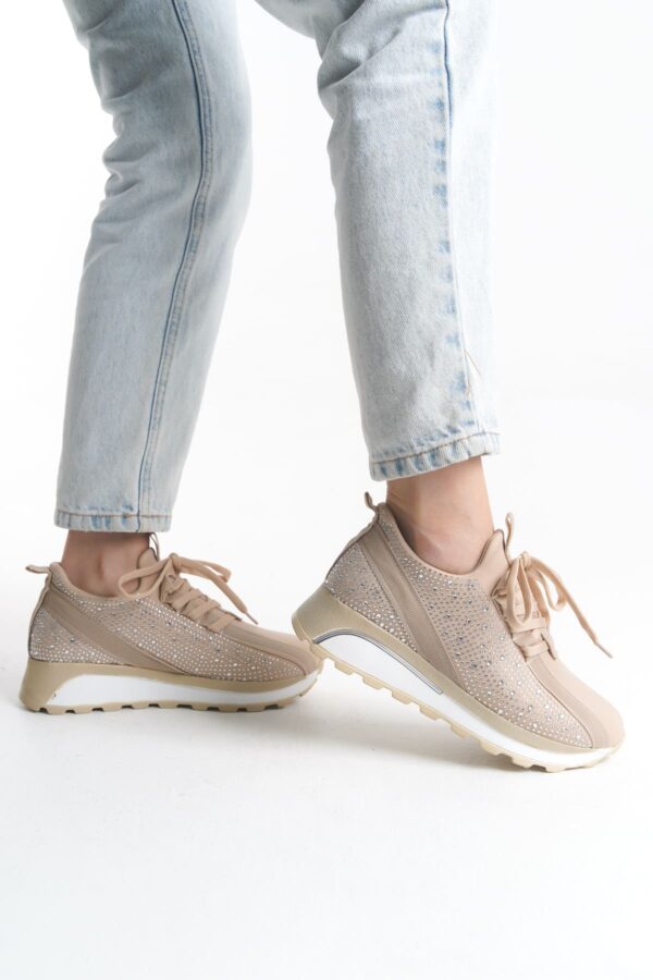 ALYA Bağcıklı Ortopedik Taban Taşlı Kadın Sneaker Spor Ayakkabı CBT - Krem - Görsel 3