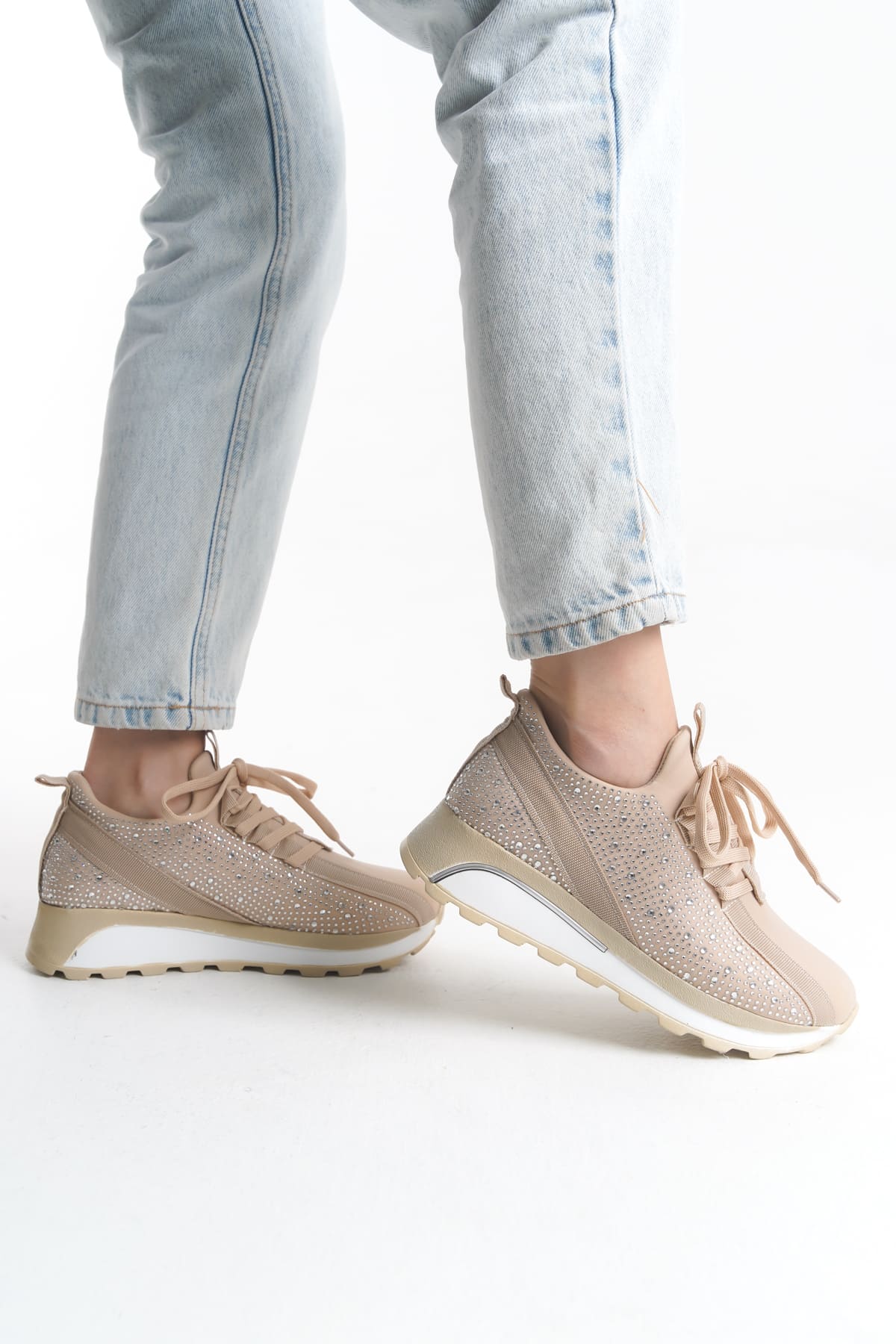 ALYA Bağcıklı Ortopedik Taban Taşlı Kadın Sneaker Spor Ayakkabı CBT - Krem - Görsel 3