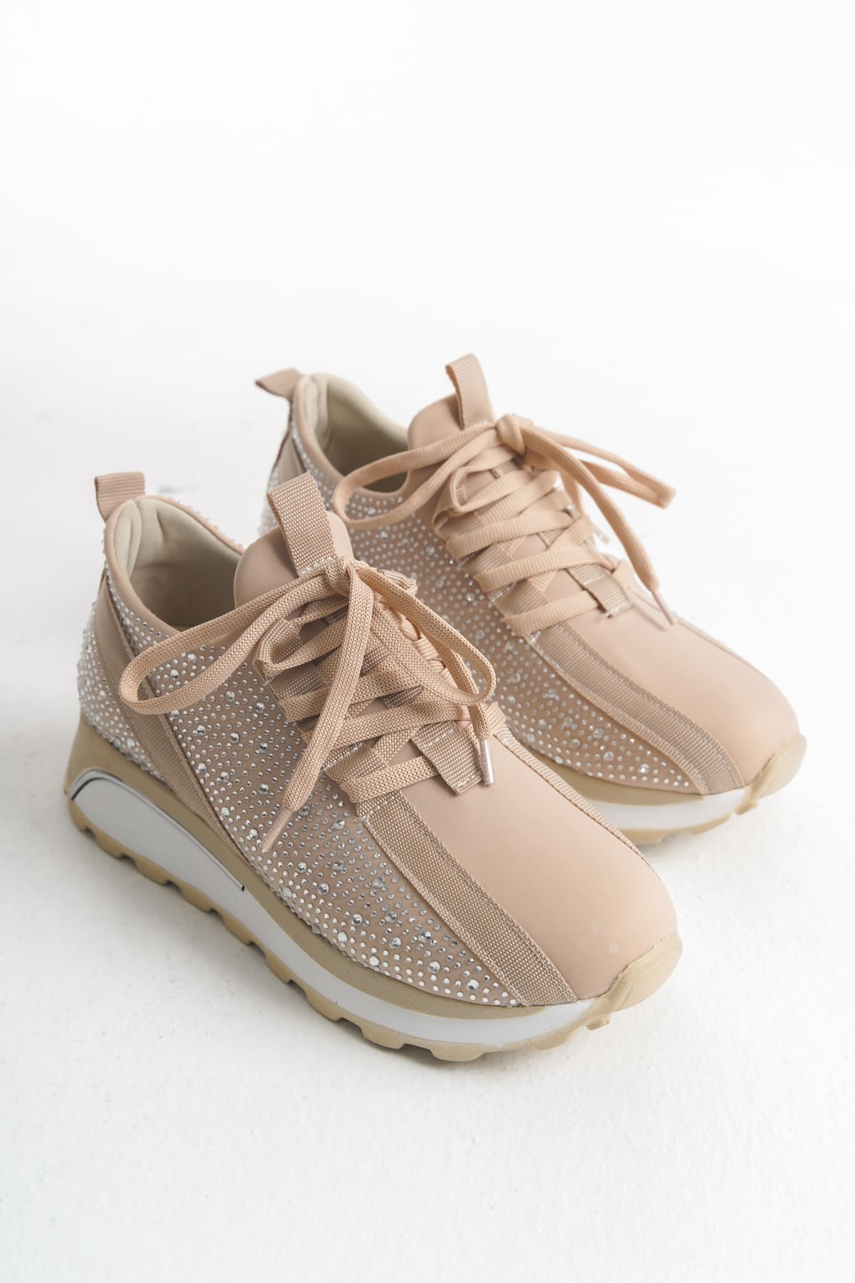 ALYA Bağcıklı Ortopedik Taban Taşlı Kadın Sneaker Spor Ayakkabı CBT - Krem - Görsel 4