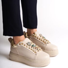 BRIANNA Bağcıklı Ortopedik Taban Renkli Taş Dekorlu Kadın Sneaker Spor Ayakkabı  CKT - Krem/Altın