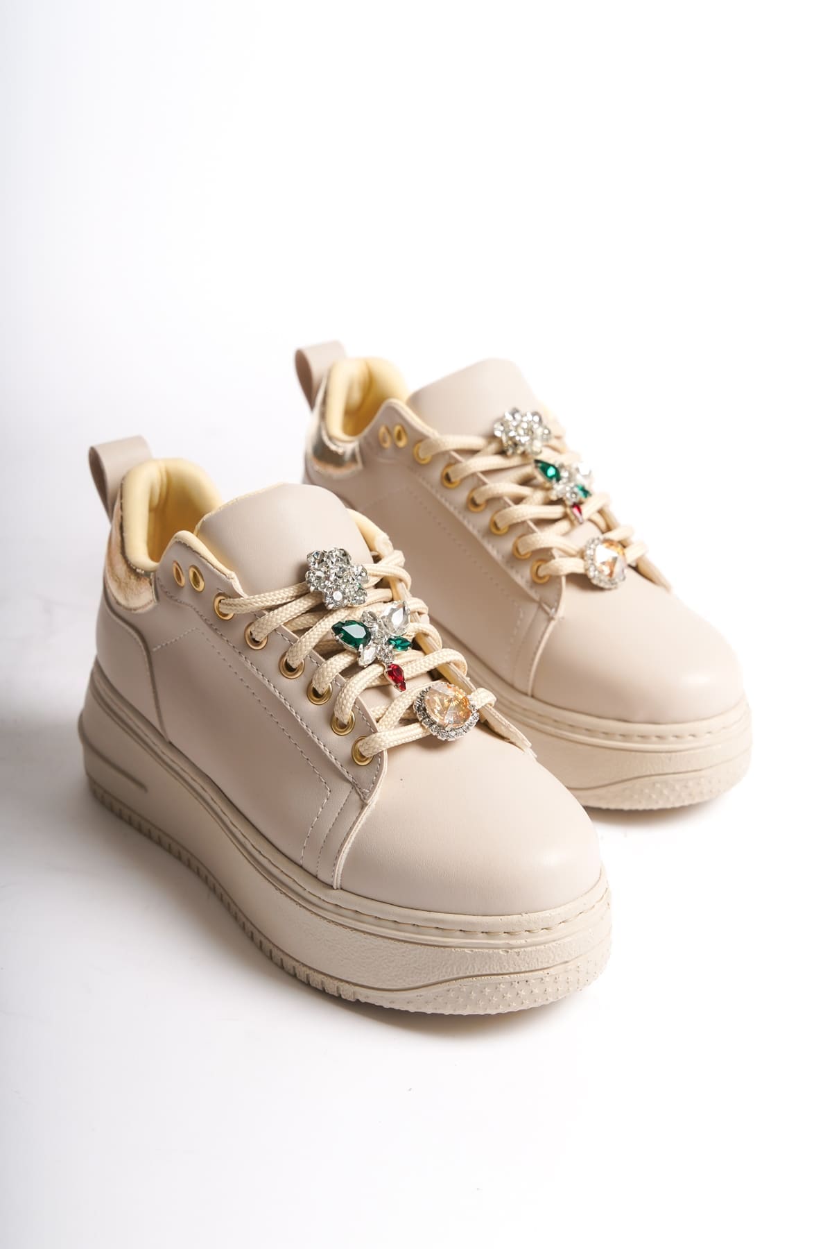 BRIANNA Bağcıklı Ortopedik Taban Renkli Taş Dekorlu Kadın Sneaker Spor Ayakkabı  CKT - Krem/Altın - Görsel 4