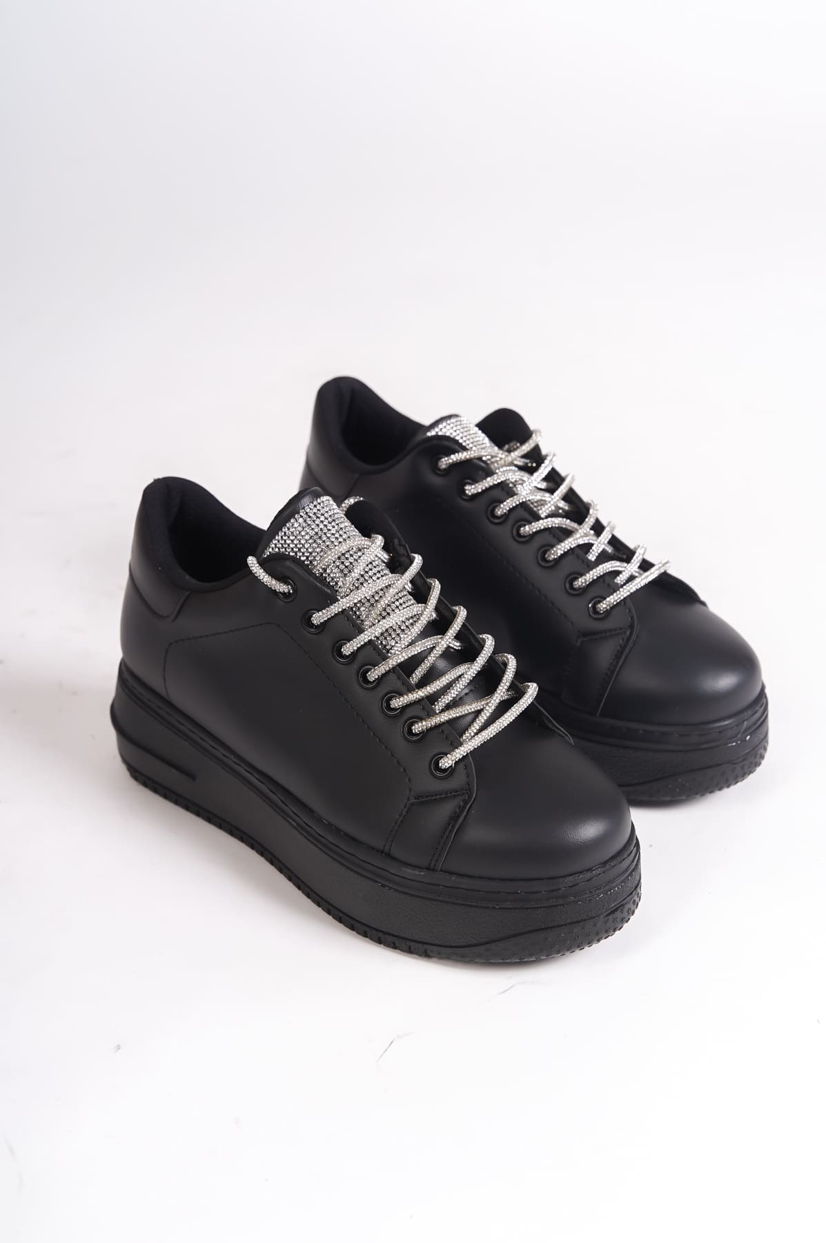DELLA Bağcıklı Ortopedik Taban Taşlı Kadın Sneaker Spor Ayakkabı  CST - Siyah - Görsel 4