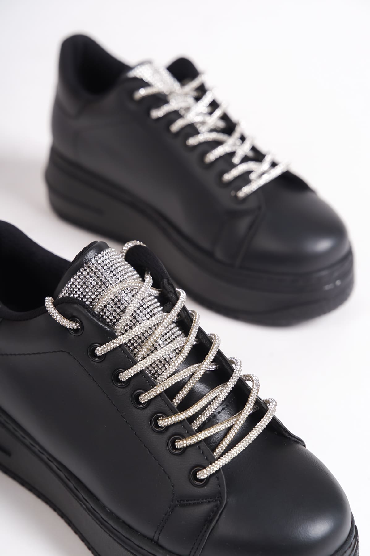 DELLA Bağcıklı Ortopedik Taban Taşlı Kadın Sneaker Spor Ayakkabı  CST - Siyah - Görsel 5