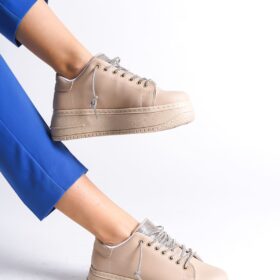 DELLA Bağcıklı Ortopedik Taban Taşlı Kadın Sneaker Spor Ayakkabı CTT - Ten