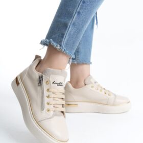 DINA Bağcıklı Fermuarlı Ortopedik Taban Kadın Sneaker Spor Ayakkabı  CKT - Krem/Altın
