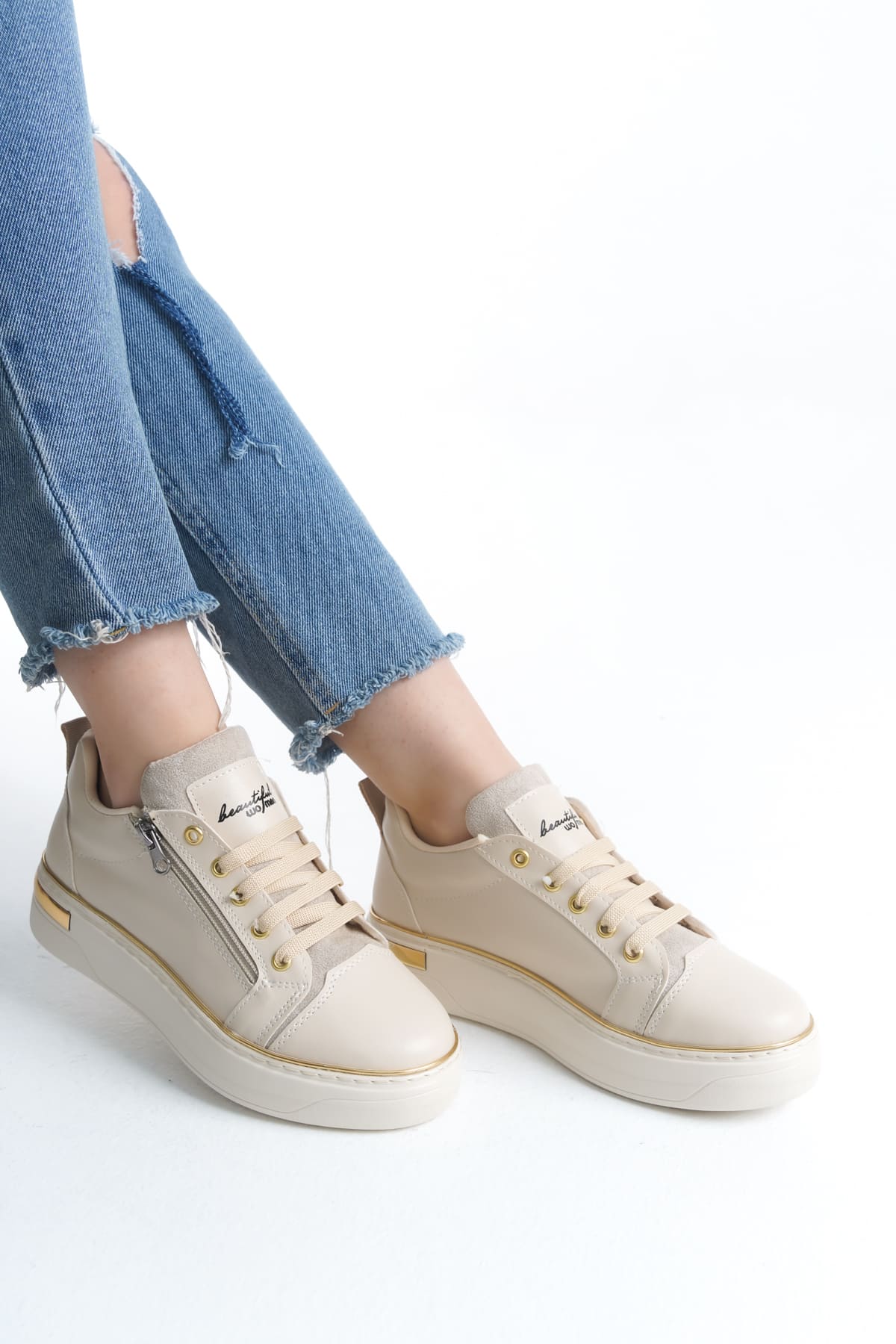 DINA Bağcıklı Fermuarlı Ortopedik Taban Kadın Sneaker Spor Ayakkabı  CKT - Krem/Altın - Görsel 2