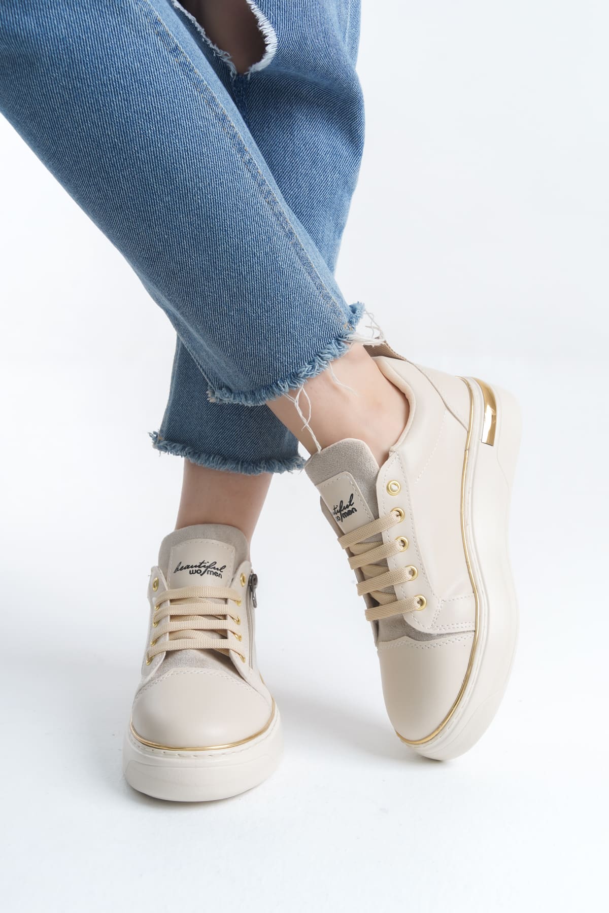 DINA Bağcıklı Fermuarlı Ortopedik Taban Kadın Sneaker Spor Ayakkabı  CKT - Krem/Altın - Görsel 3