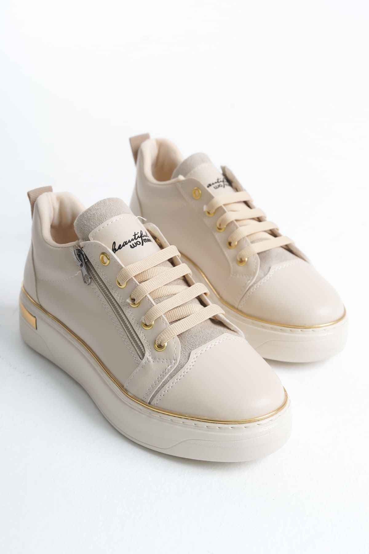 DINA Bağcıklı Fermuarlı Ortopedik Taban Kadın Sneaker Spor Ayakkabı  CKT - Krem/Altın - Görsel 4