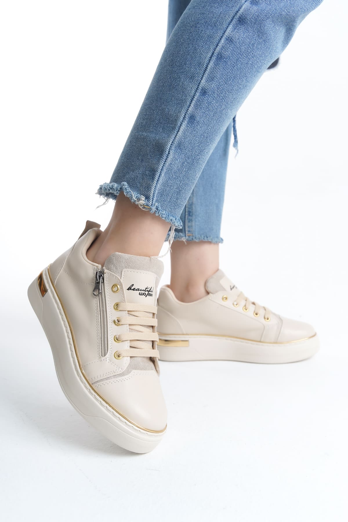 DINA Bağcıklı Fermuarlı Ortopedik Taban Kadın Sneaker Spor Ayakkabı  CKT - Krem/Altın
