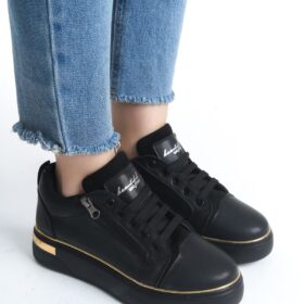 DINA Bağcıklı Fermuarlı Ortopedik Taban Kadın Sneaker Spor Ayakkabı  CST - Siyah/Altın