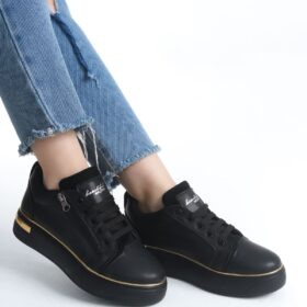 DINA Bağcıklı Fermuarlı Ortopedik Taban Kadın Sneaker Spor Ayakkabı  CST - Siyah/Altın